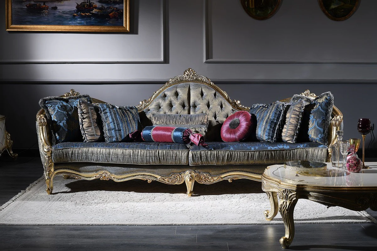 Luxury Baroque Chesterfield Sofa Dark Blue / Antique Gold 300 x 90 x H. 119 cm - Magnificent Baroque Living Room Sofa - Baroque Furniture