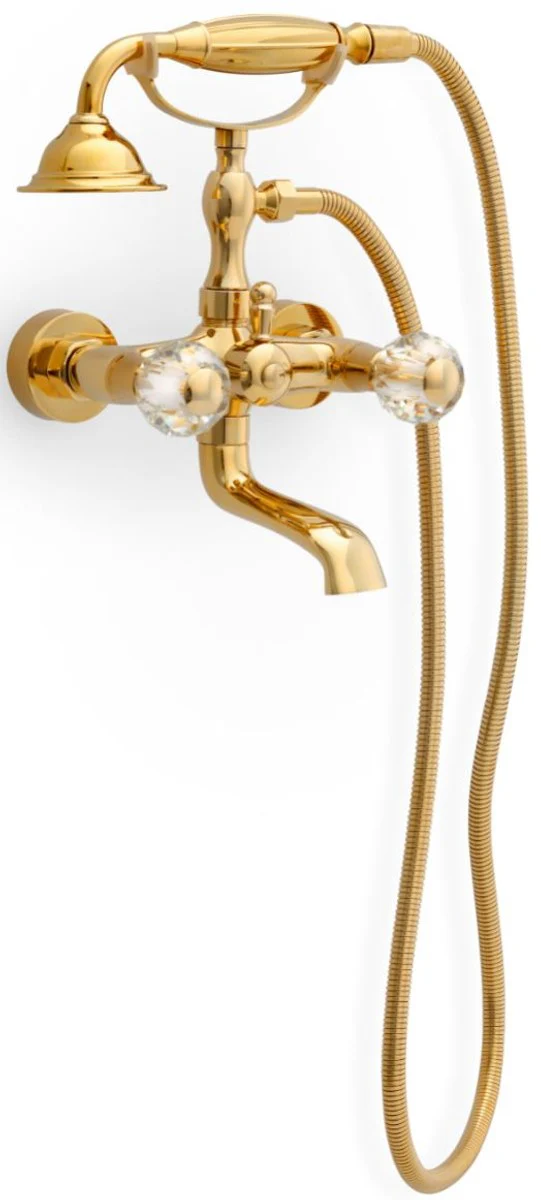 Luxury Art Nouveau bath mixer with hose and hand shower gold - bathtub fitting with crystal glass - nostalgic bathroom accessories