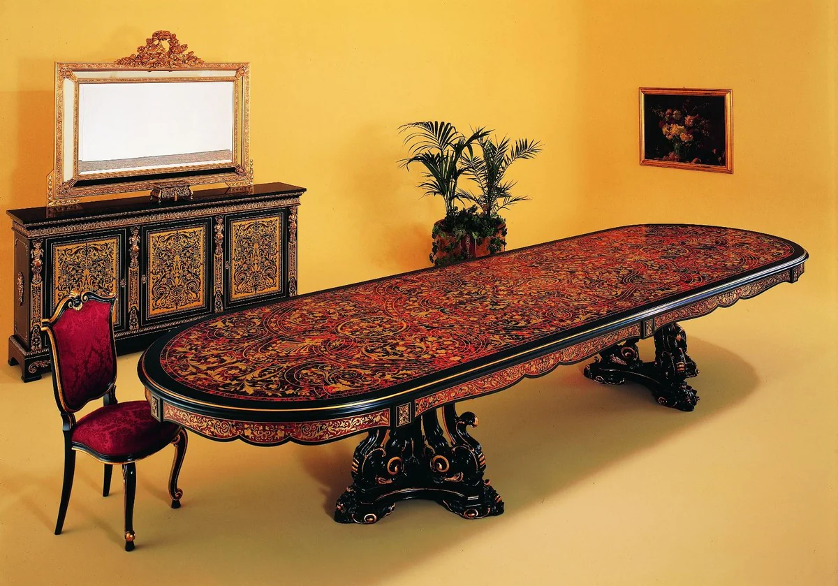 Luxury Baroque Boulle dining table black / red / gold 400 x 130 x H. 80 cm - Handcrafted solid wood dining room table - Baroque dining room furniture - Noble & magnificent