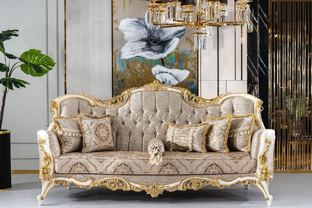 Luxury baroque sofa silver / beige / black / white / gold - magnificent living room sofa with glittering stones - baroque style living room furniture - luxury furniture in baroque style - baroque furnishings