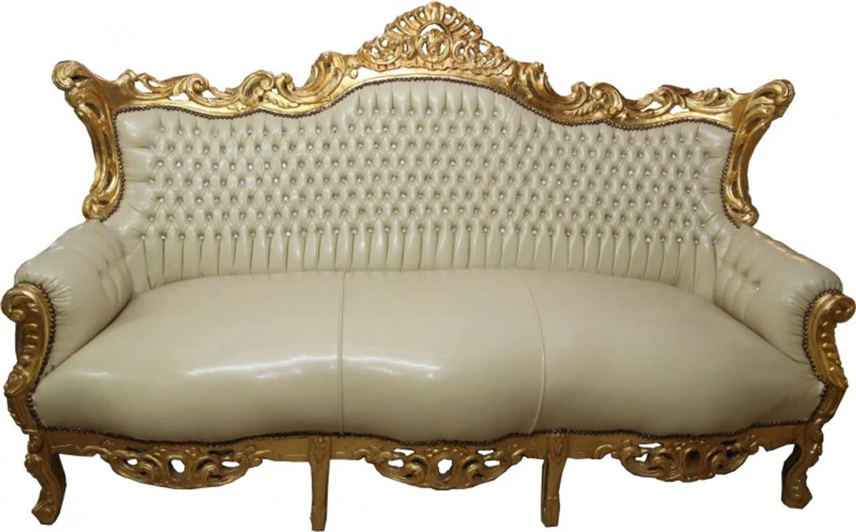 Baroque 3 seater sofa Master cream leather look / gold with bling bling rhinestones - antique style furniture