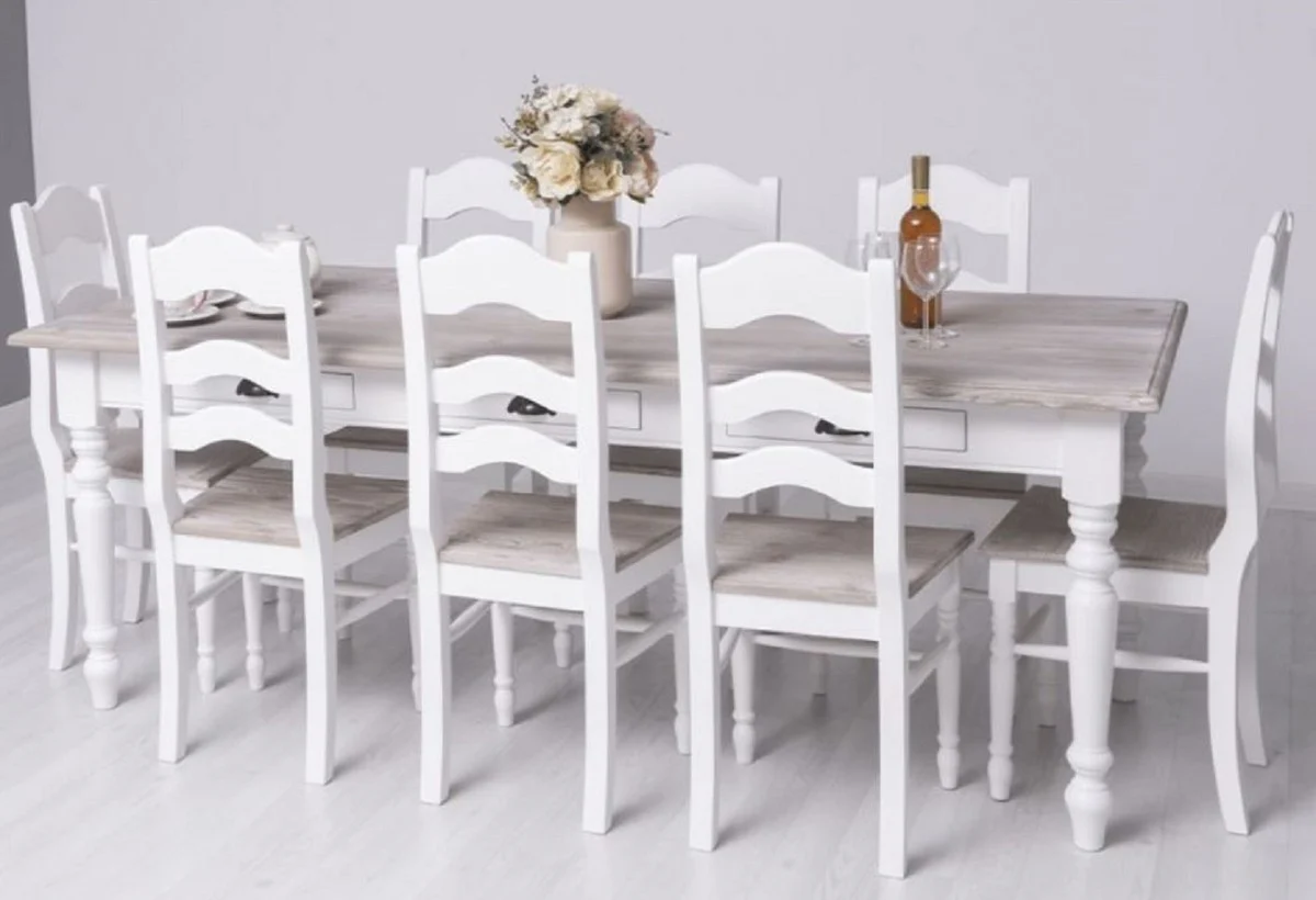 Country house style dining room furniture set white / natural colors - 1 country house style dining table & 8 country house style dining room chairs - solid wood dining room furniture - country house style dining room furniture