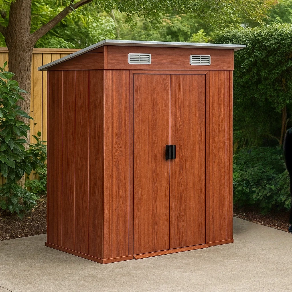 Gartenhaus aus Kunstharz, mit Pultdach und Doppeltüren, Holzfarbe, Maße 250 x 100 x 220 cm, für den Außenbereich - 0igr6Is8RTL1