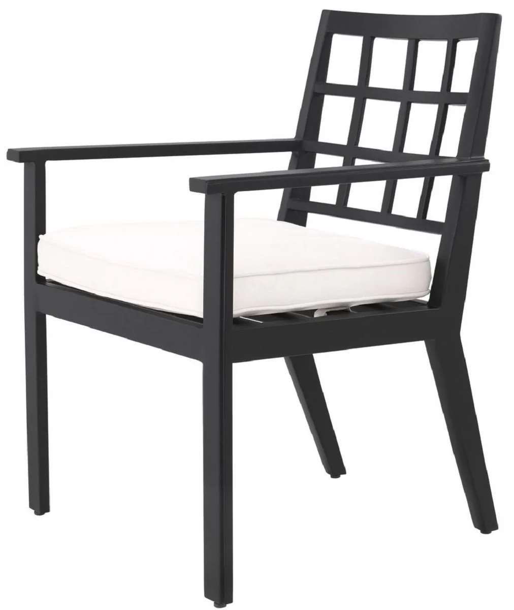 Luxury dining room chair with armrests black / white 64.5 x 65 x H. 88.5 cm - weatherproof aluminum chair with seat cushion - garden patio chair - luxury quality