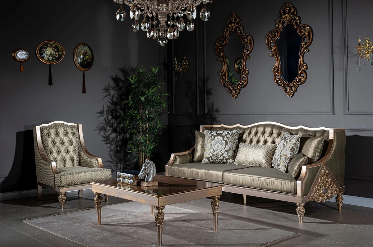 Luxury baroque sofa green / silver / copper / gold 210 x 86 x H. 89 cm - living room sofa with decorative pillows - baroque living room furniture