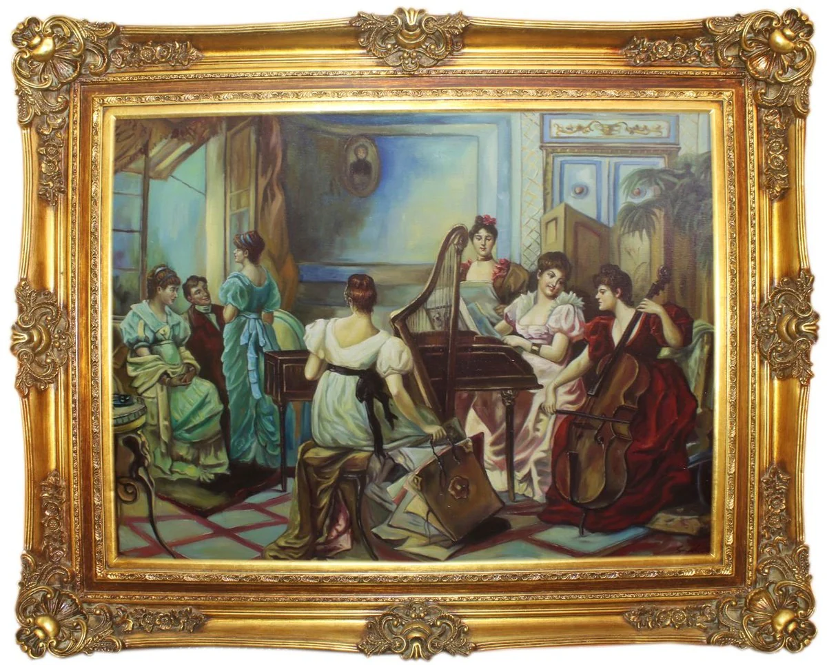Baroque oil painting of women making music multicolored / gold 160 x 10 x H. 130 cm - hand-painted painting with a magnificent frame in the baroque style - baroque decorative accessories