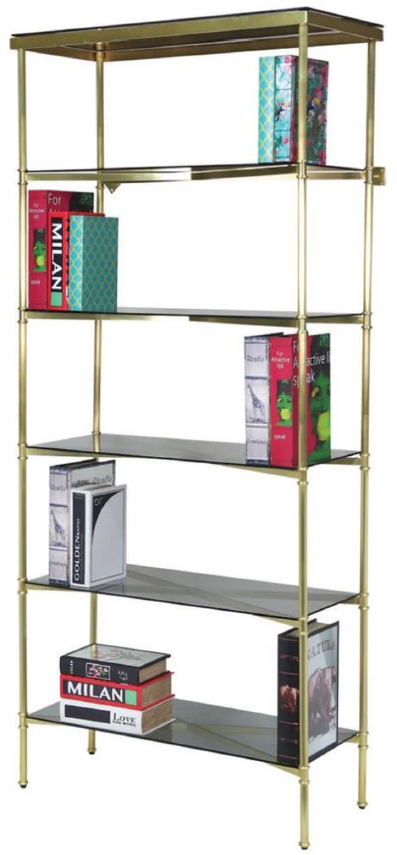 Luxury metal shelf cabinet with glass shelves gold / gray 118 x 42 x H. 216 cm - bookcase - living room cabinet - office cabinet - living room furniture - office furniture - luxury furniture