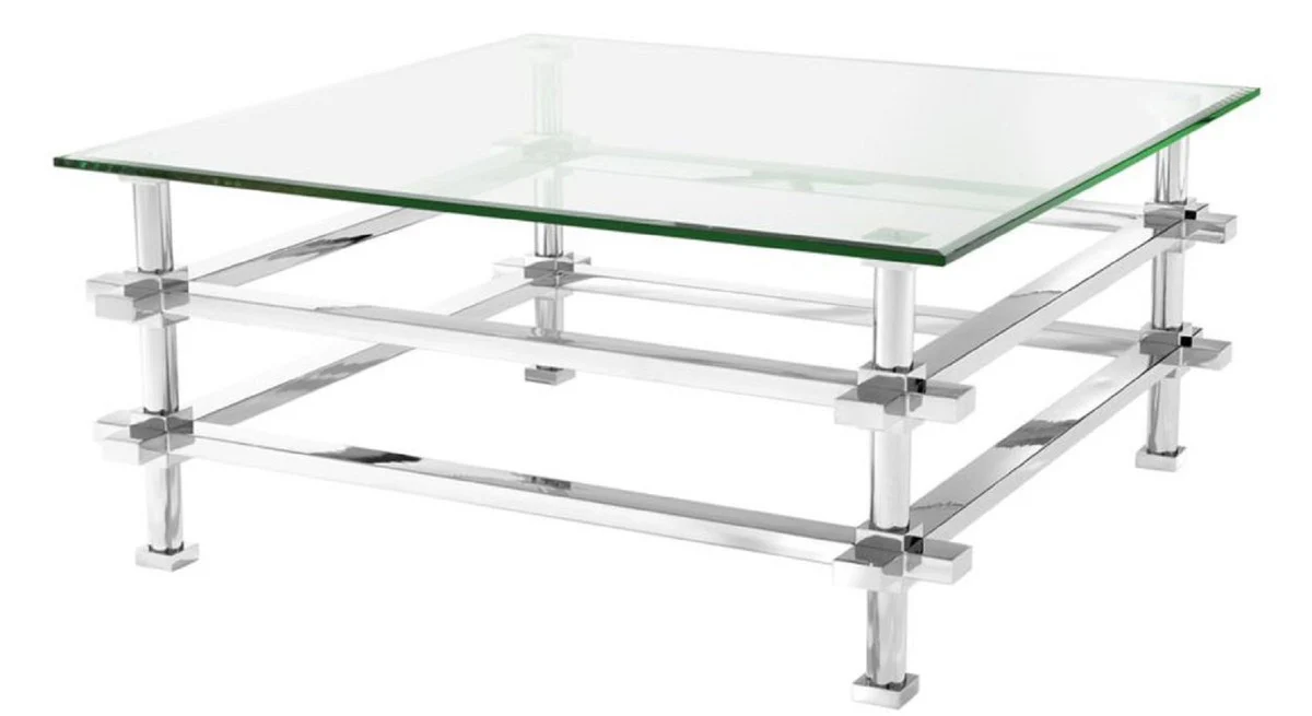 Luxury coffee table silver 100 x 100 x H. 45.5 cm - stainless steel living room table with glass top