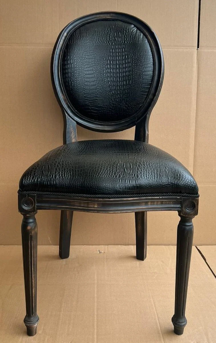 Luxury baroque dining room chair black - handmade antique style chair with elegant faux leather in crocodile look - magnificent dining room furniture in baroque style