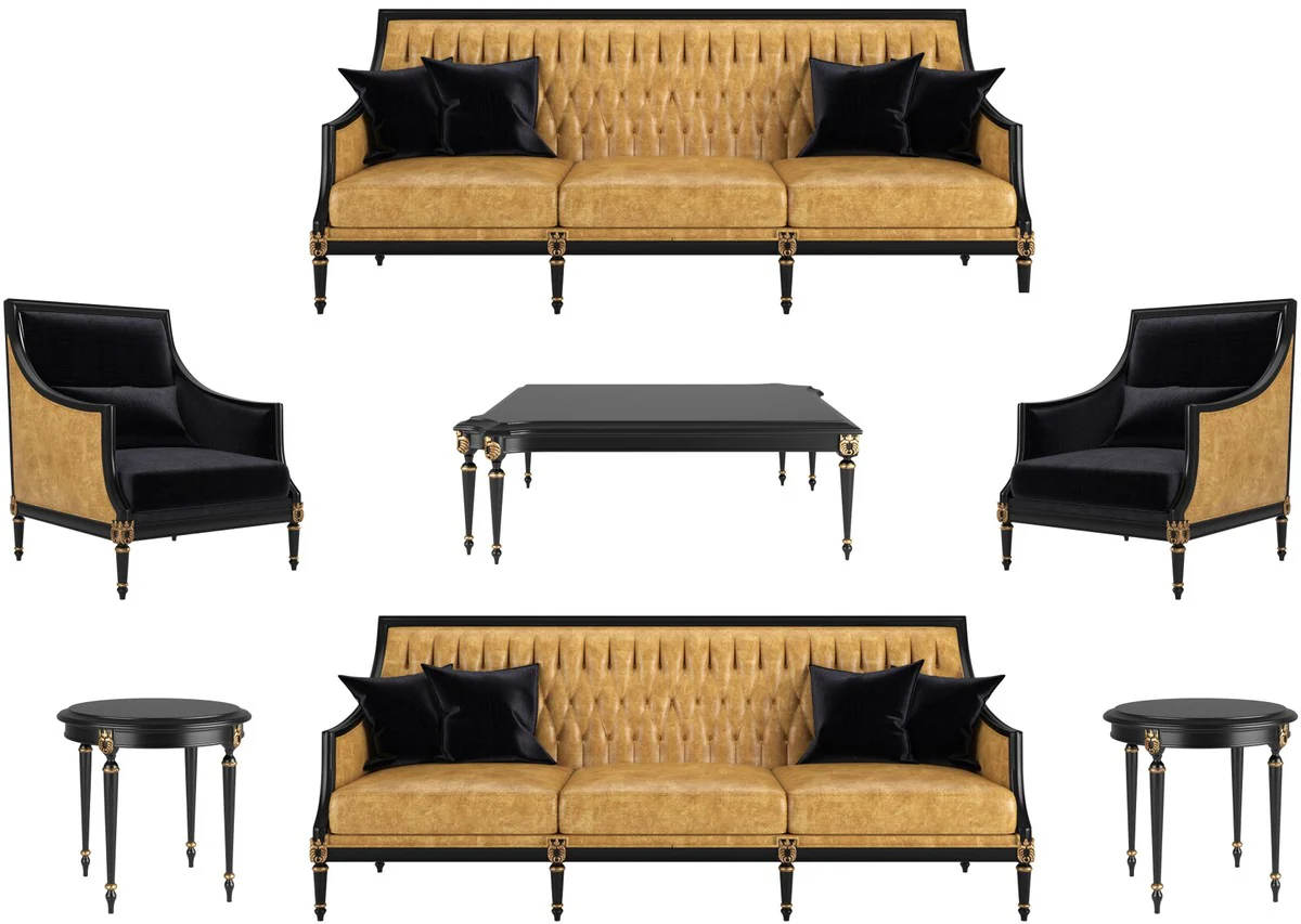 Luxus Barock Wohnzimmer Set Gold / Schwarz / Antik Gold - 2 Sofas & 2 Sessel & 1 Couchtisch & 2 Beistelltische - Möbel im Barockstil - Edle Barock Wohnzimmer Möbel