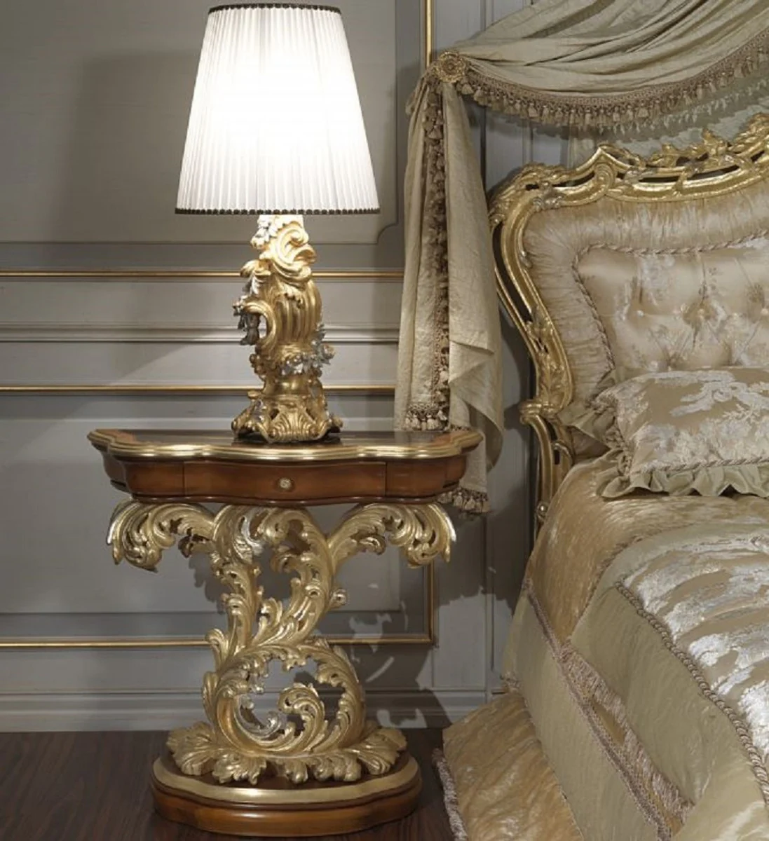 Luxury Baroque bedroom set - 1 double bed with headboard & 1 canopy & 2 bedside tables & 1 bench - Baroque bedroom furniture - Baroque hotel furniture - Noble & magnificent