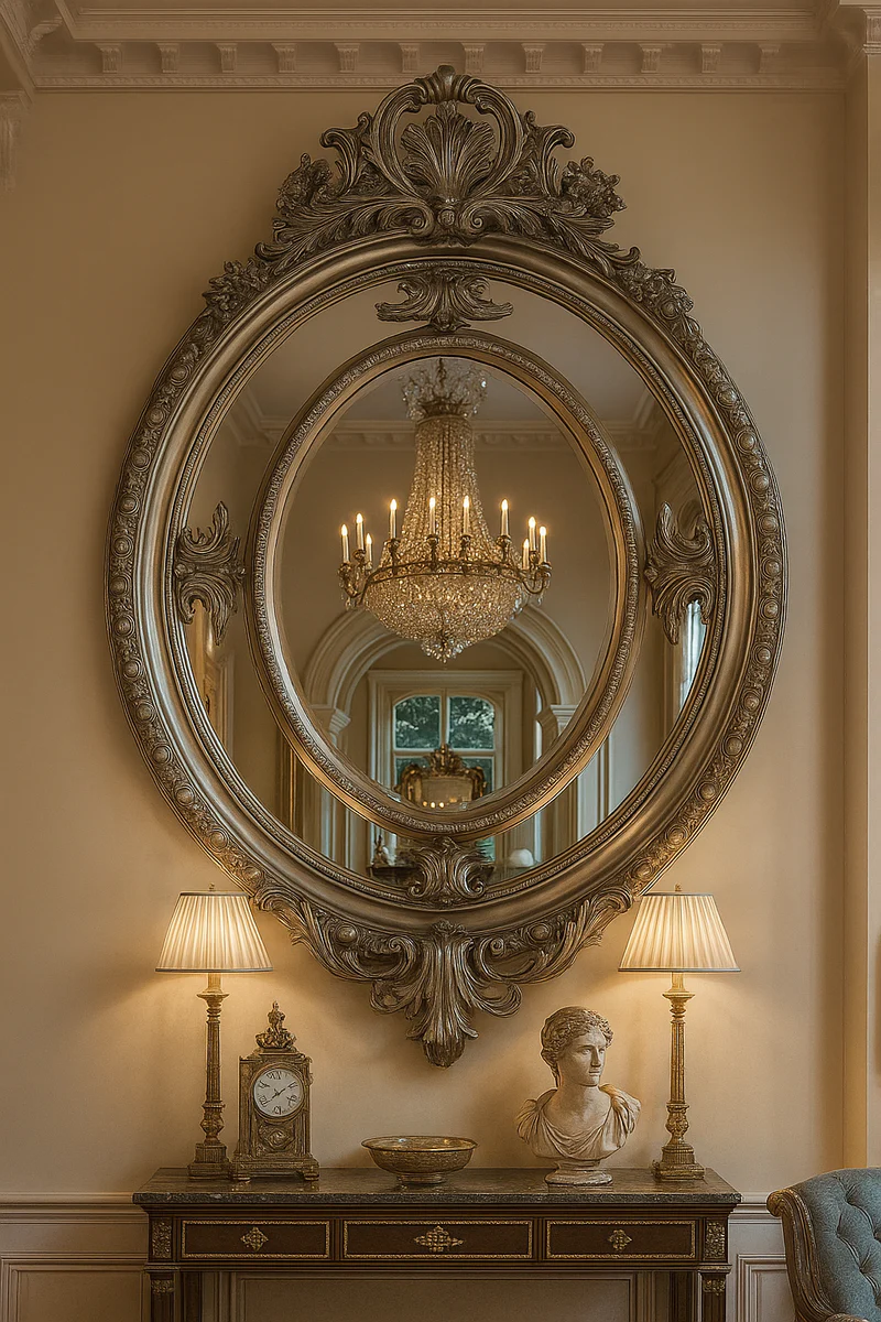 Barock Spiegel Silber Oval - Wandspiegel im Barockstil - Handgefertigter Barock Garderoben Spiegel