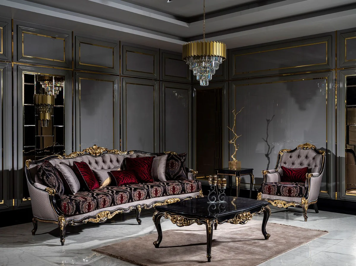 Luxury Baroque Sofa Silver / Bordeaux Red / Black / Gold - Handmade Living Room Sofa with Elegant Pattern and Decorative Pillows - Living Room Furniture in Baroque Style
