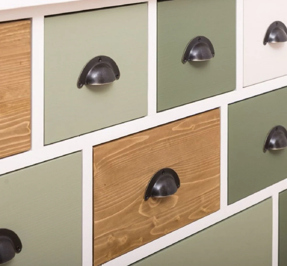 Country house style chest of drawers white / green / natural colors 180 x 48 x H. 95 cm - solid wood cabinet with 19 drawers - country house style furniture - furniture in country house style - country house style furnishings