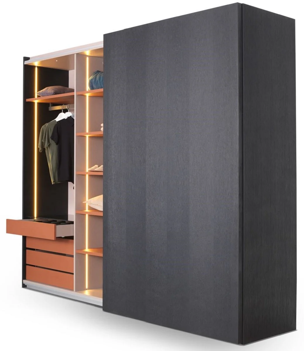 Luxury bedroom wardrobe black 260 x 70 x H. 228 cm - Illuminated solid wood wardrobe with 2 sliding doors - Bedroom furniture - Hotel furniture - Luxury furniture