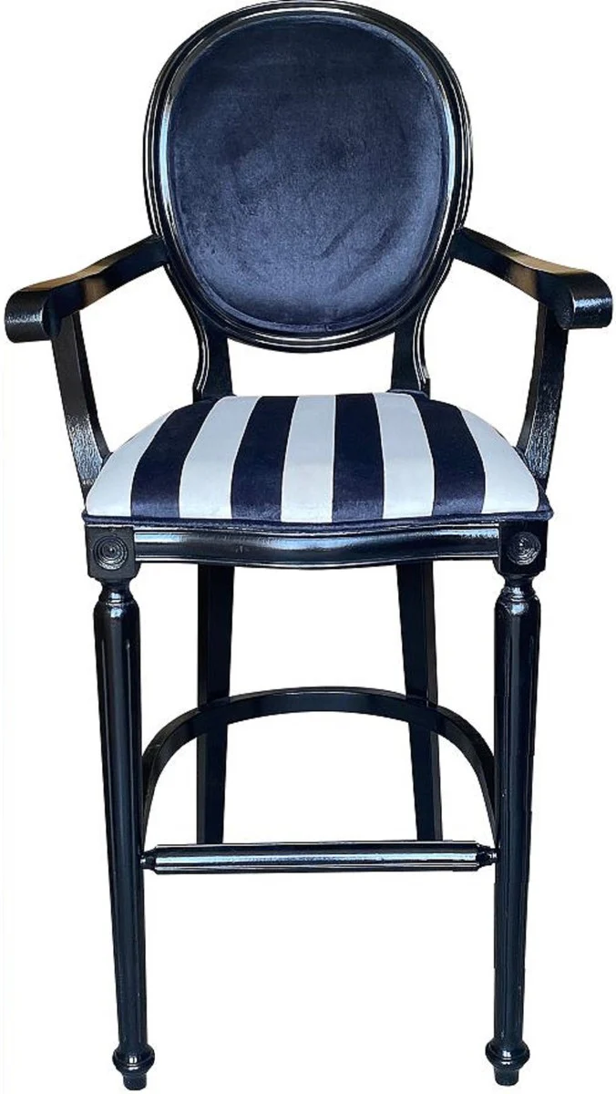 Baroque Bar Chair with Armrests Black / White / Black - Striped Antique Style Velvet Bar Stool - Handcrafted Baroque Bar Furniture