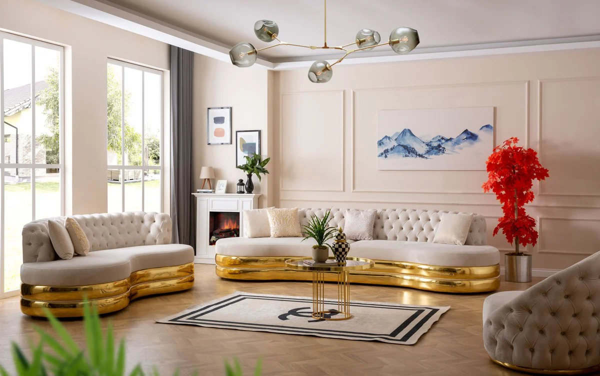 Luxury Chesterfield 4 seater sofa cream / gold 340 x 105 x H. 82 cm - Curved Chesterfield living room sofa - Living room furniture - Chesterfield furniture - Luxury furniture - Luxury furnishings