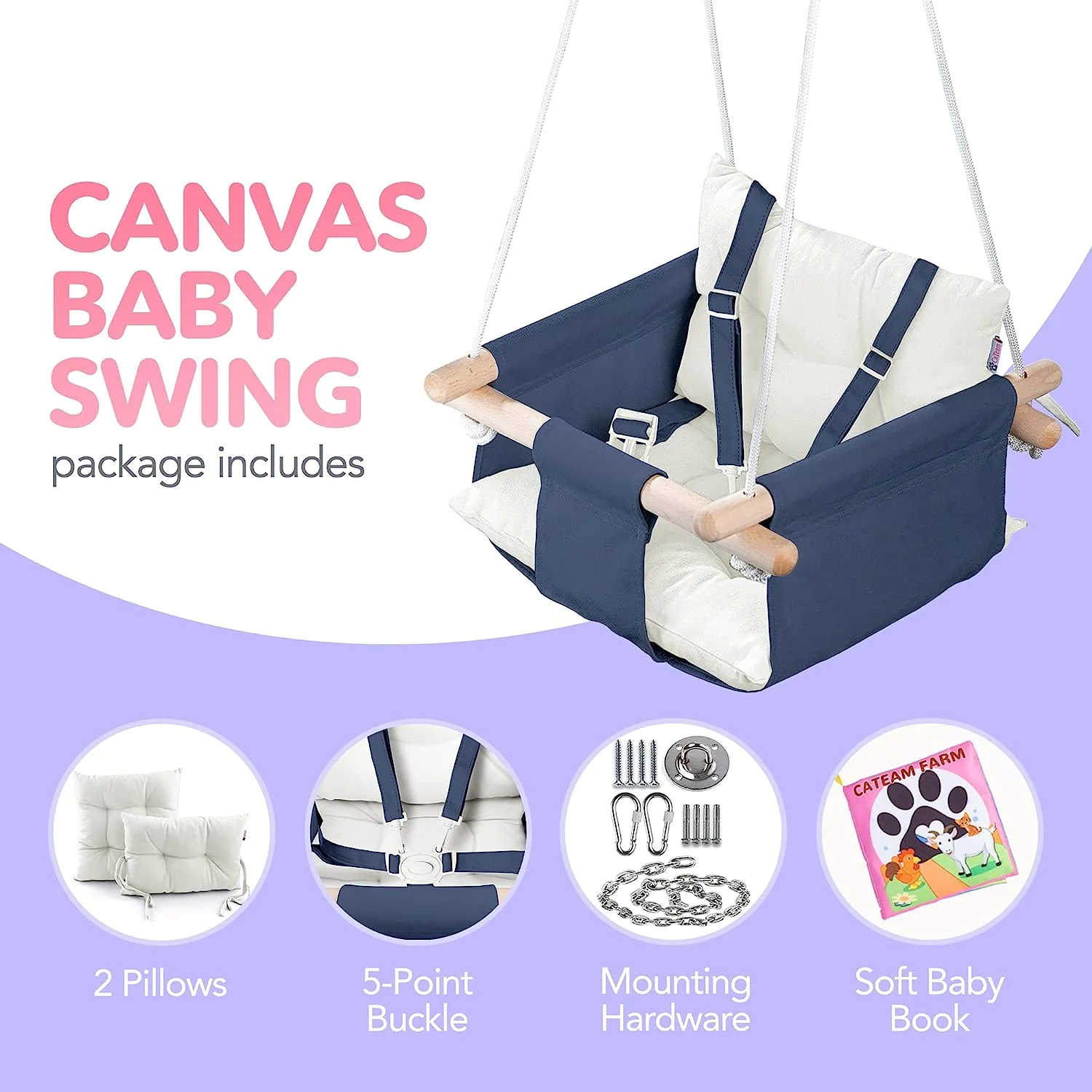 Babyschaukel aus Segeltuch, hängender Schaukelsitz aus Holz mit Sicherheitsgurt, langlebiger Baby-Hängemattenstuhl, Außen- und Innenschaukel für Kinder, Montagezubehör im Lieferumfang enthalten, Elfenbeinfarben