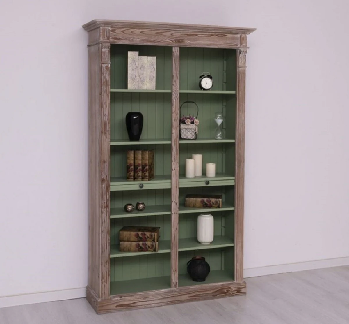 Country house style bookcase brown / green 120 x 37 x H. 197 cm - solid wood cabinet - shelf cabinet - living room cabinet - country house style furniture