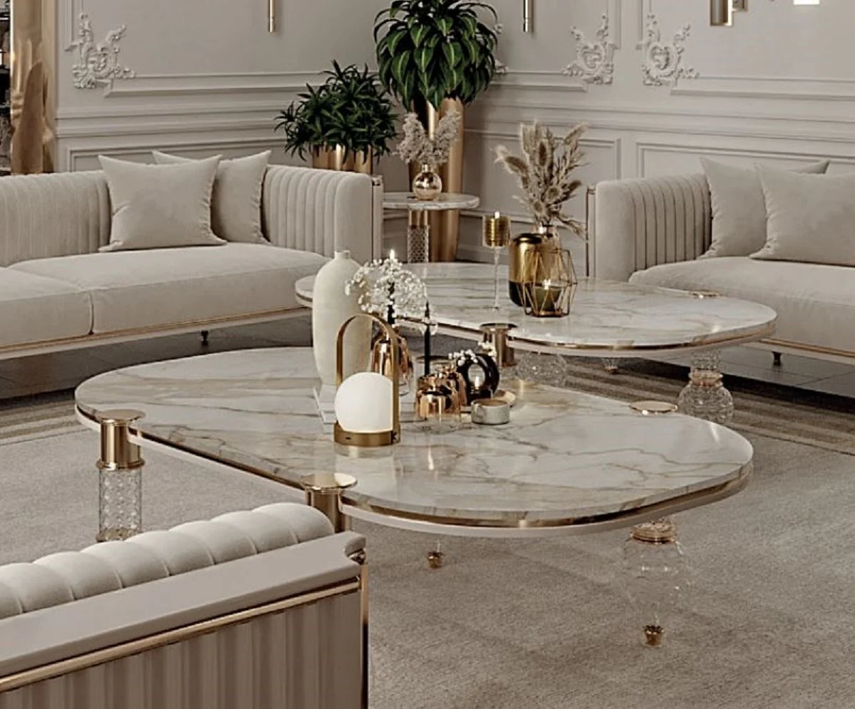 Luxury Art Deco coffee table white / gray / gold 120 x 70 x H. 49 cm - living room table with elegant artificial marble table top - Art Deco living room furniture - luxury living room furniture