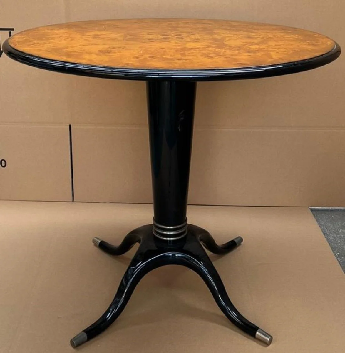 Luxury dining table bird's eye maple brown / black / silver Ø 79 x H. 71 cm - Round solid wood dining room table - Dining room furniture - Luxury furniture