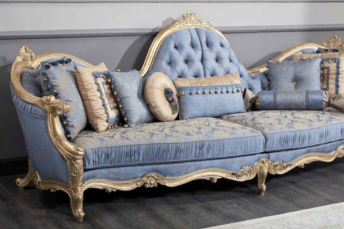 Luxury Baroque Chesterfield Sofa Light Blue / Antique Gold 300 x 90 x H. 119 cm - Magnificent Baroque Living Room Sofa - Baroque Furniture