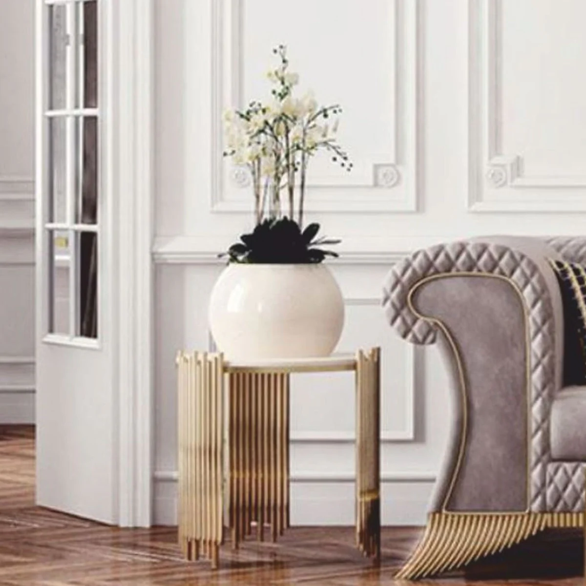 Luxury side table with artificial marble table top white / gold Ø 59 cm