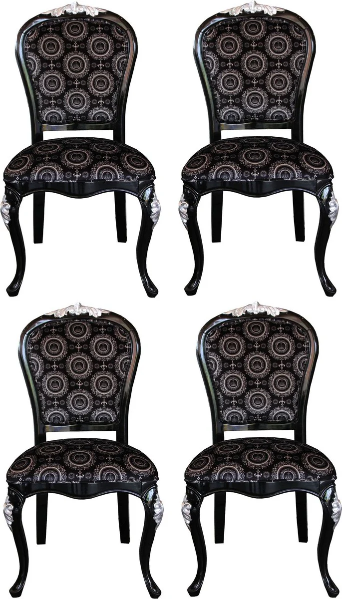 Pompöös by Luxury Baroque Dining Room Chairs with Crown Black / Silver - Pompöös Baroque Chairs designed by Harald Glööckler - 4 Dining Room Chairs - Baroque Dining Room Furniture