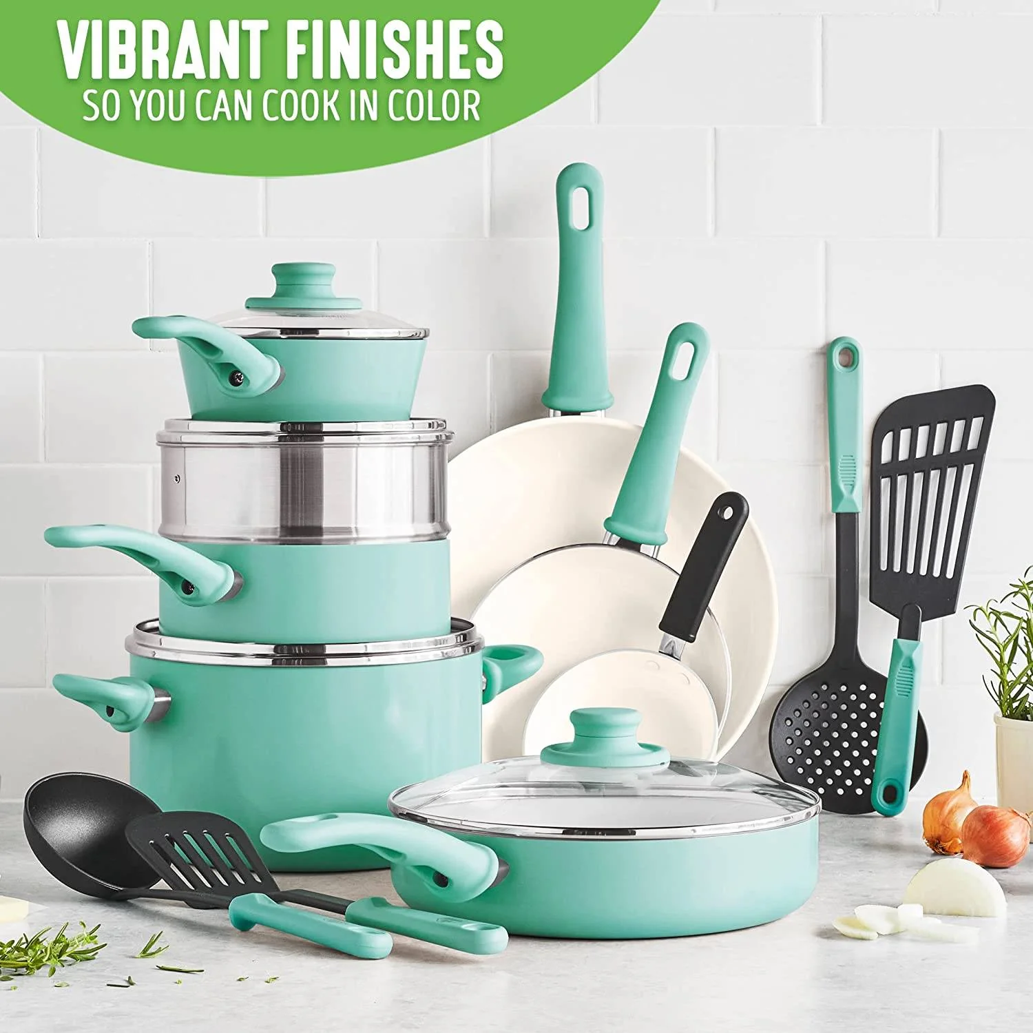 16-teiliges Kochgeschirr-Set mit Töpfen und Pfannen aus gesunder, antihaftbeschichteter Keramik mit weichem Griff, PFAS-frei, spülmaschinenfest, Türkis