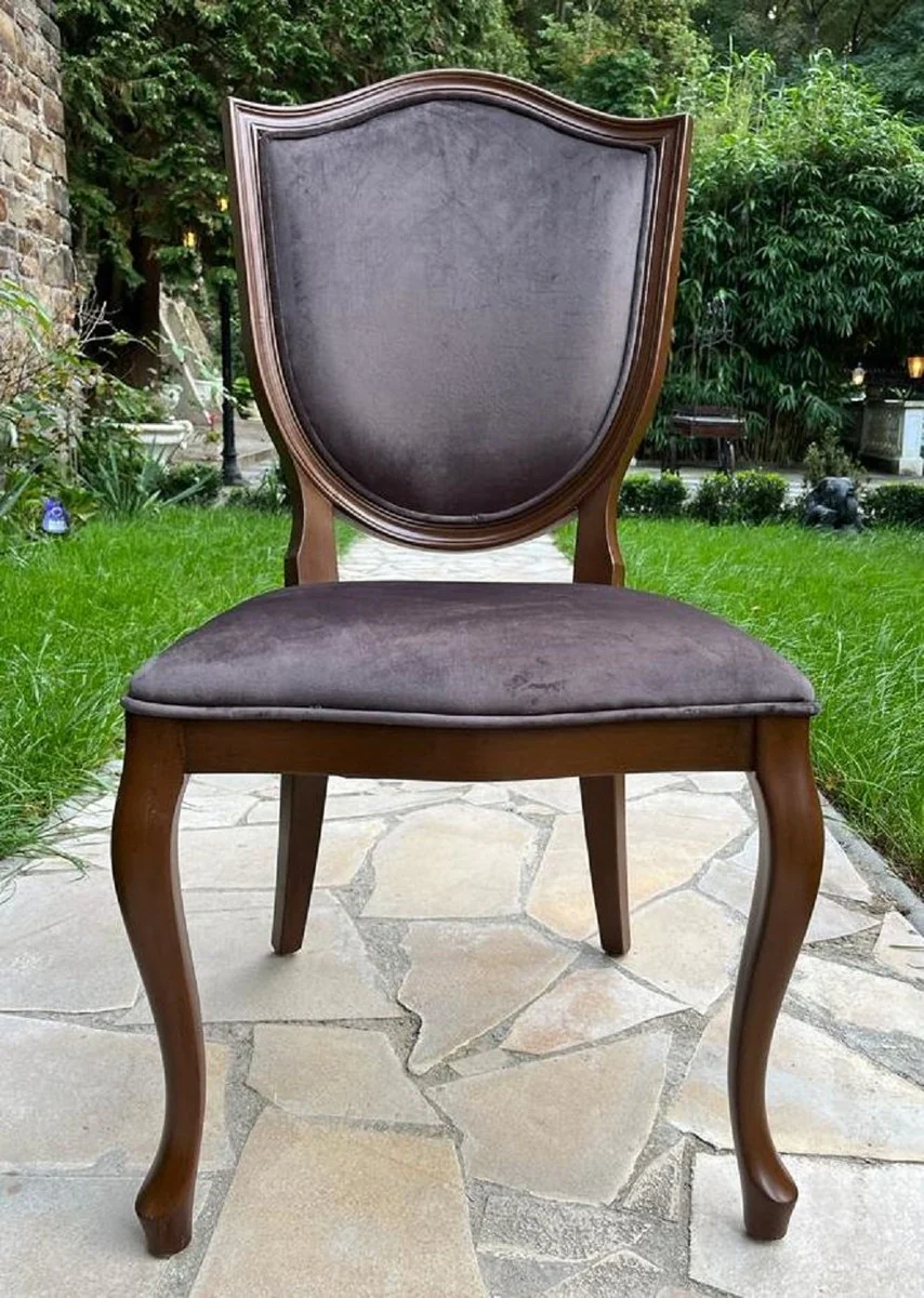 Luxus Art Deco Samt Esszimmer Stuhl Grau / Braun - Art Deco Massivholz Stuhl - Art Deco Esszimmer Möbel - Art Deco Möbel - Art Deco Einrichtung - Luxus Möbel im Art Deco Stil