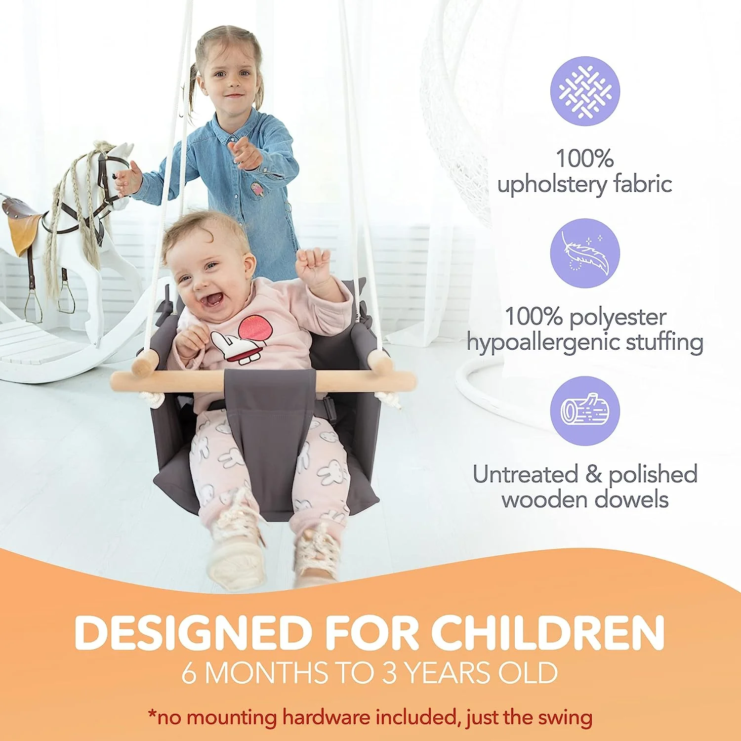 Babyschaukel aus Segeltuch, hängender Schaukelsitz aus Holz mit Sicherheitsgurt, langlebiger Baby-Hängemattenstuhl, Außen- und Innenschaukel für Kinder, Montagezubehör im Lieferumfang enthalten, Elfenbeinfarben