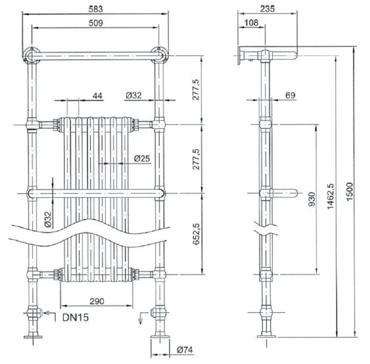 Luxury bathroom heater white / chrome 583 x H. 1500 mm - towel radiator - vintage bathroom radiator towel holder