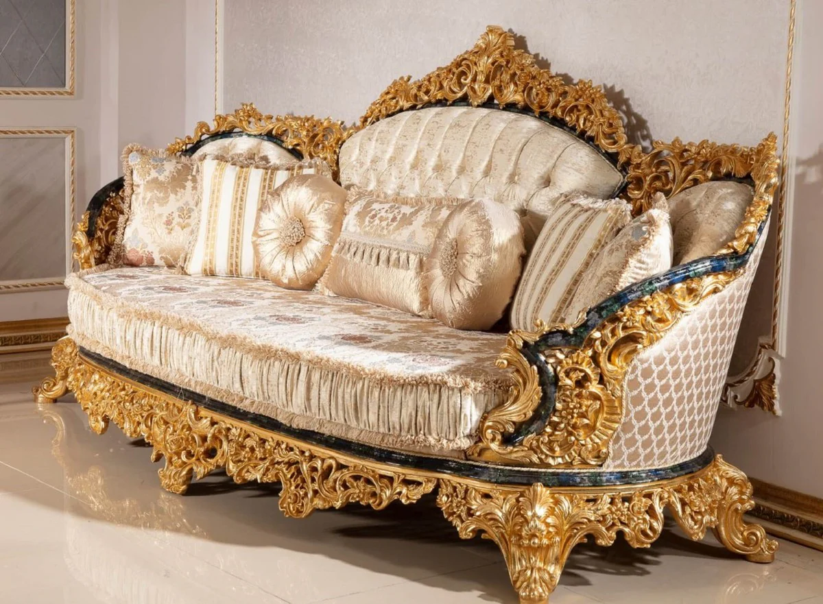 Luxury Baroque Sofa Gold / Multicolored / Blue / Gold - Magnificent Living Room Sofa with Elegant Pattern - Baroque Living Room Furniture - Noble & Magnificent