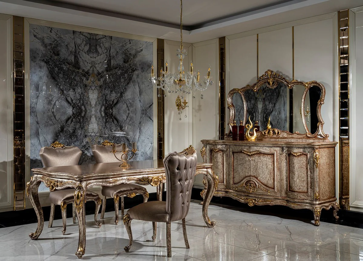 Luxury Baroque Dining Room Set Silver / Antique Silver / Brown / Gold - 1 Dining Table & 6 Dining Chairs - Baroque Dining Room Furniture - Noble & Magnificent