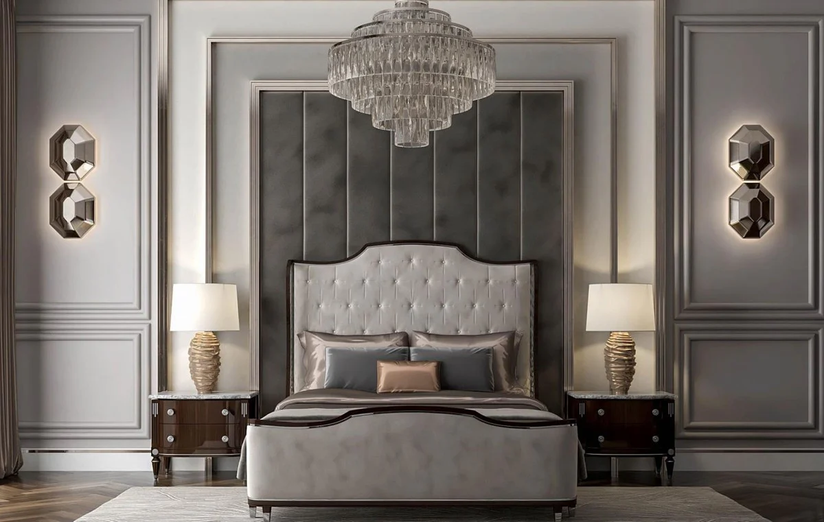 Luxury Art Deco double bed gray / dark brown / silver - noble solid wood bed with headboard - bedroom furniture - hotel furniture - art deco furniture - luxury art deco furnishings