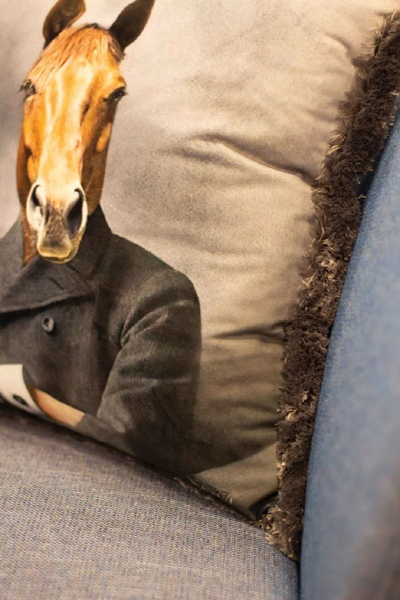 Luxury decorative cushion gentleman horse multicolored 45 x 45 cm - printed velvet cushion with fringes - luxury decorative accessories