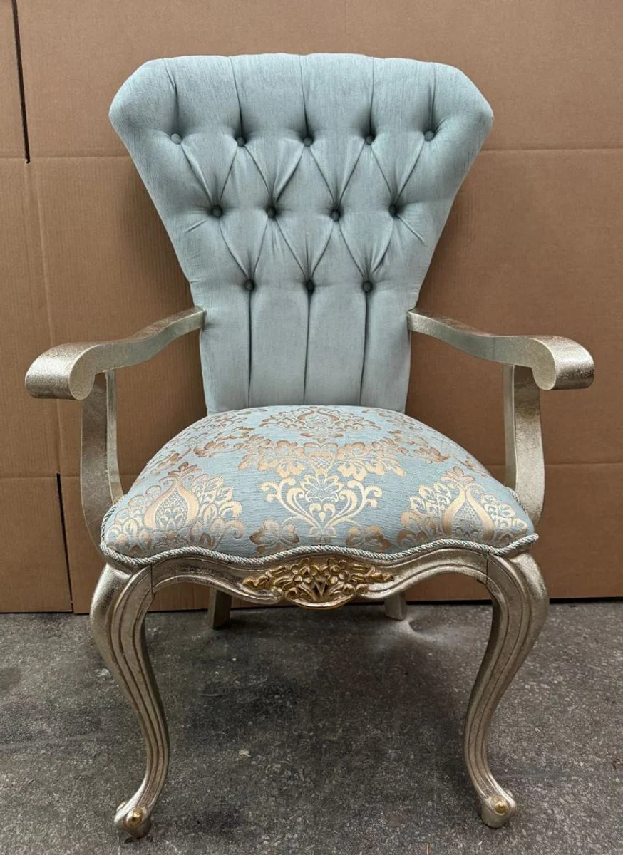 Luxus Barock Esszimmer Stuhl mit Armlehnen Türkis / Silber / Gold - Barock Möbel