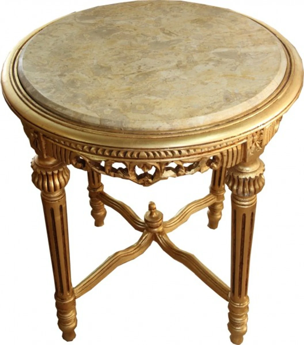 Large baroque side table round table with marble top gold / cream - antique style table furniture H 71 cm W 63 cm