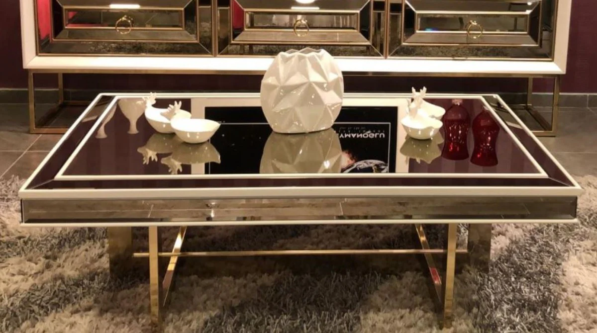 Luxury coffee table white / gold 120 x 80 x H. 43 cm - Living room table with glass top and mirror glass - Luxury living room furniture