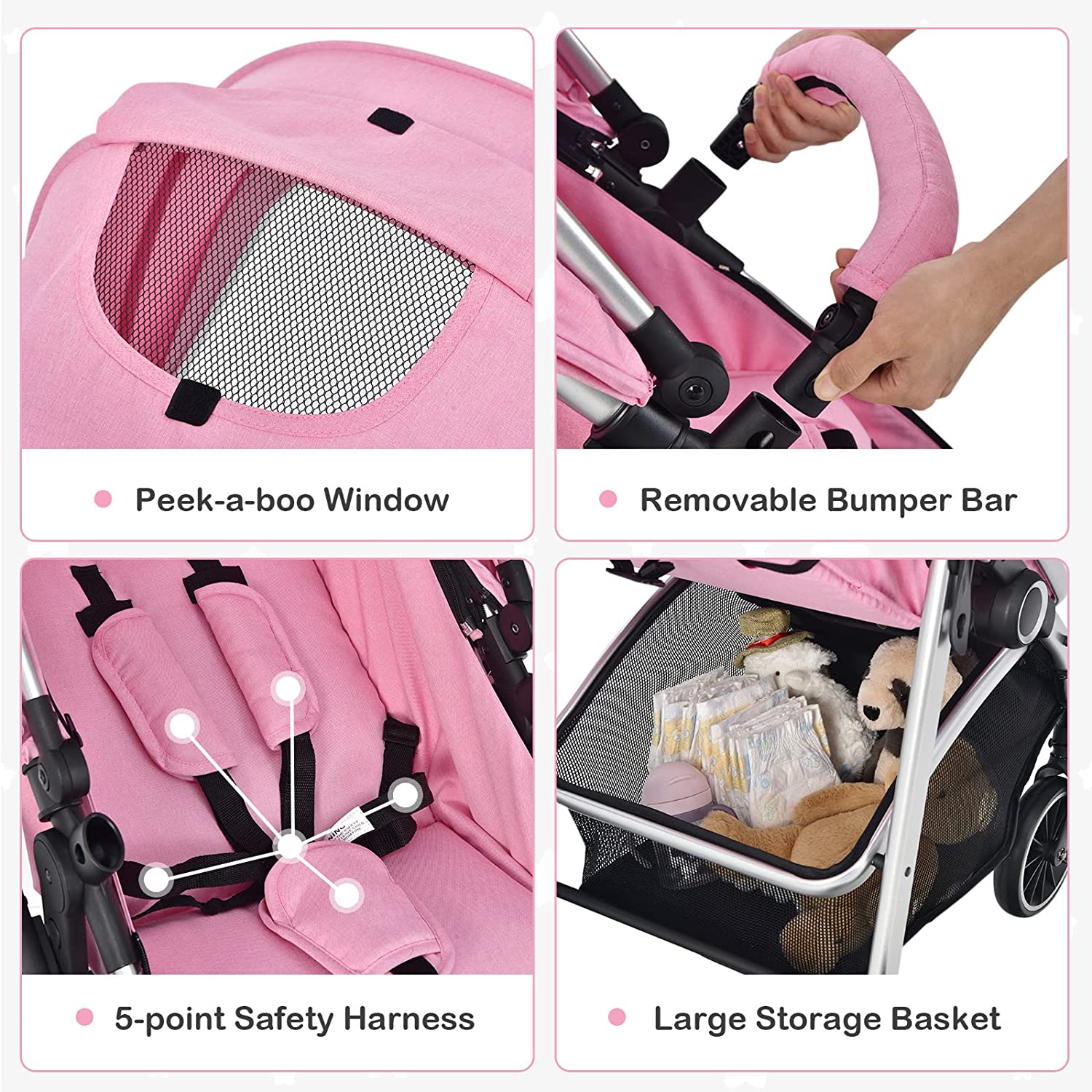 Umwandelbarer Kinderwagen, Hochformat-Kinderwagen mit umkehrbarem Sitz, abnehmbarem Fußsack, verstellbarer Rückenlehne und Verdeck, faltbarer Kinderwagen für Babys von 0–36 Monaten, Rosa