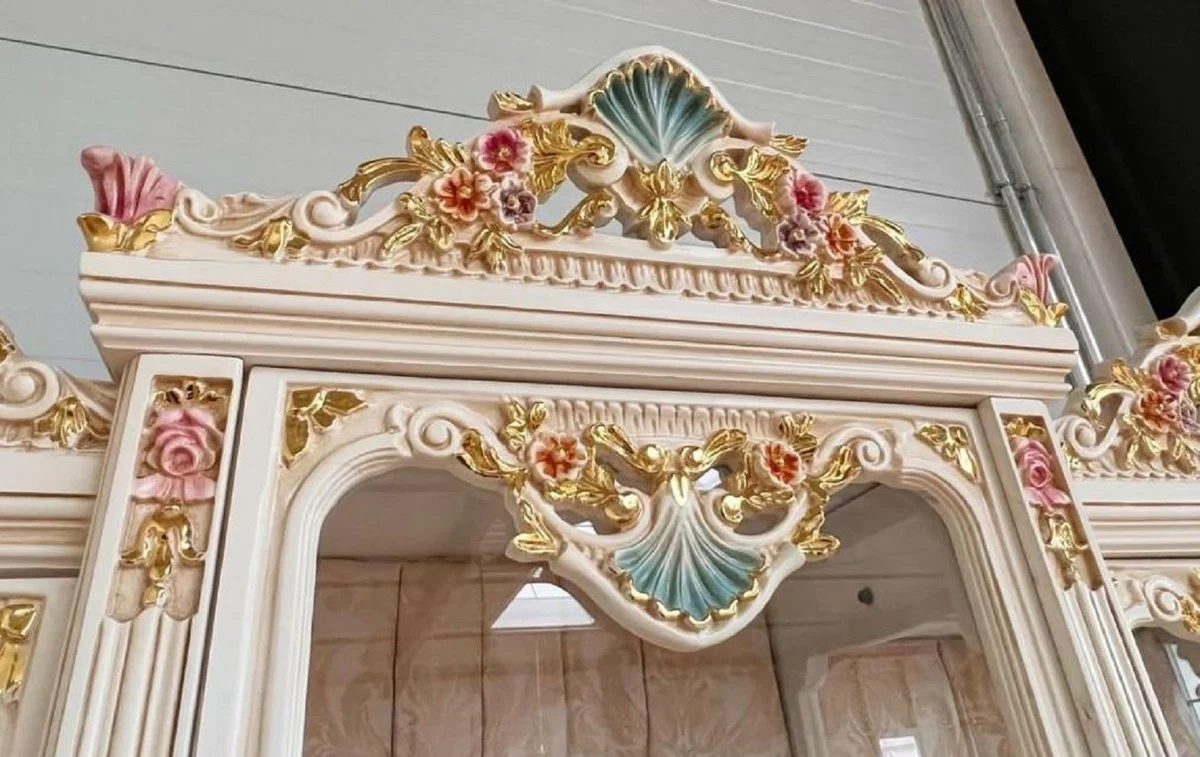 Baroque display cabinet white / beige / multicolored / gold - handmade solid wood display cabinet with 3 glass doors and glittering stones - baroque furniture - noble and magnificent