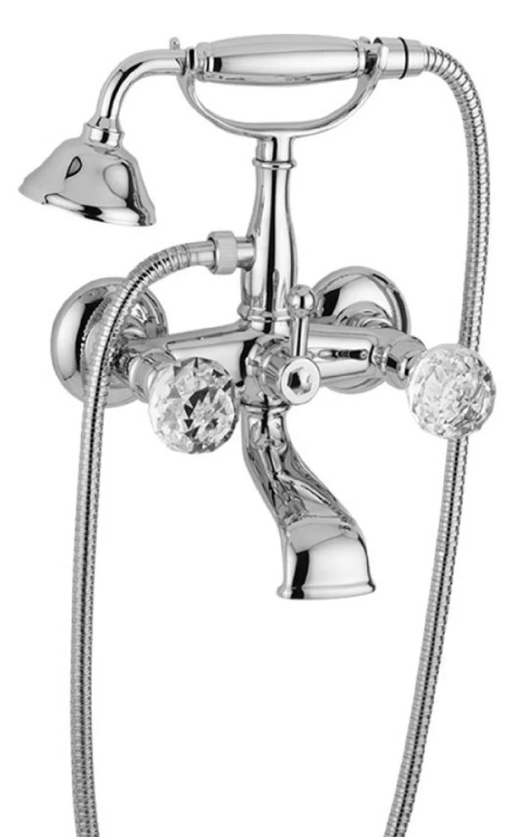 Luxury Art Nouveau bath mixer with hose and hand shower silver 20 x 16 x H. 27.5 cm - bathtub fitting with Swarovski crystal glass - nostalgic bathroom accessories