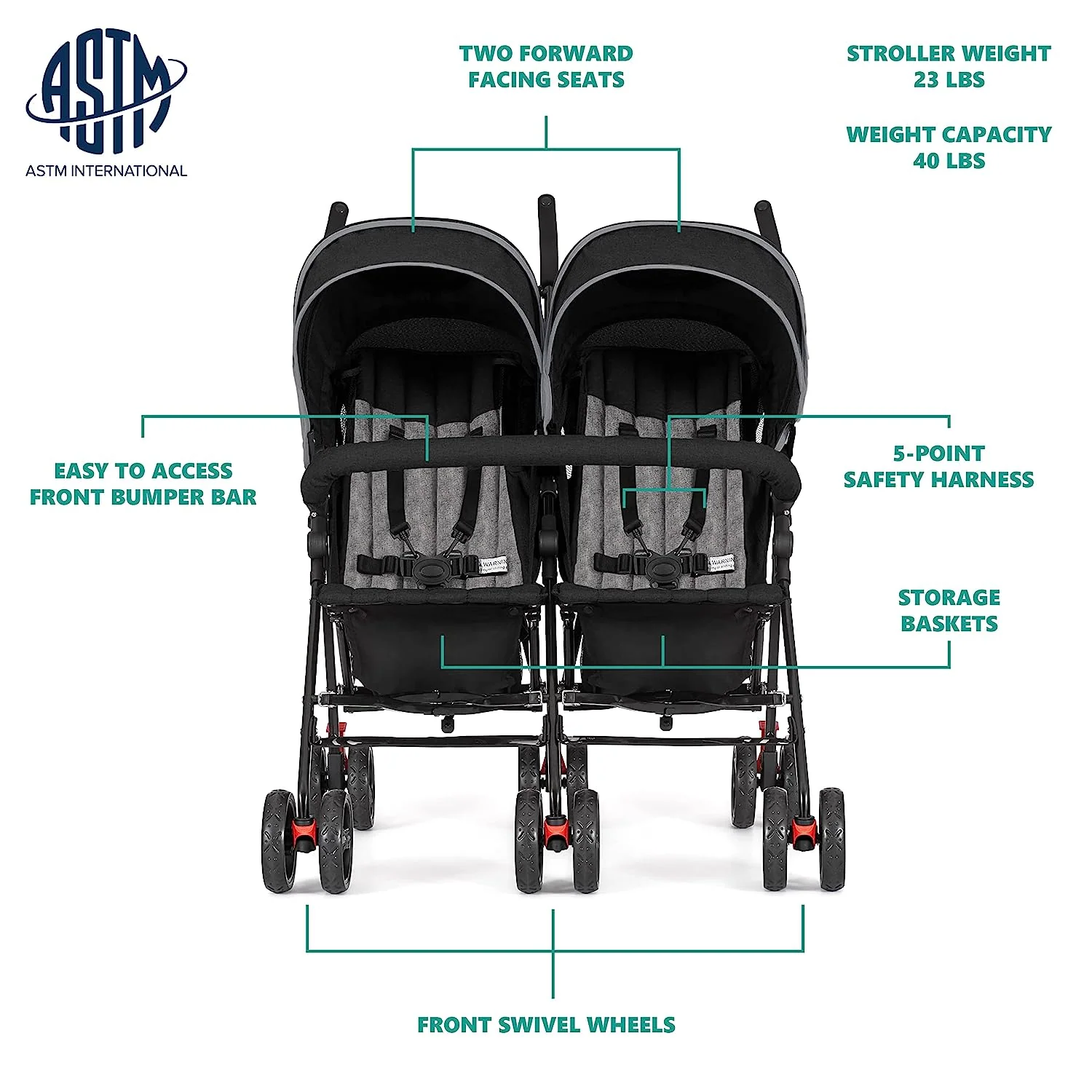 Zwillings-Regenschirm-Kinderwagen in Mint, leichter Doppel-Kinderwagen für Säuglinge und Kleinkinder, kompakt, einfach zusammenklappbar, großer Aufbewahrungskorb, großes und verstellbares Verdeck