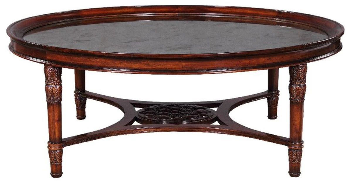 Luxury baroque coffee table dark brown Ø 130 x H. 48 cm - Round mahogany living room table with eglomised mirror glass - Living room furniture in the baroque style