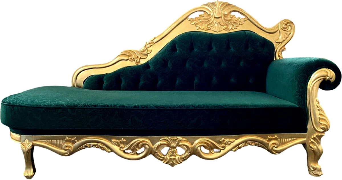 Luxury Baroque Chaise Longue Green / Gold - Handcrafted solid wood chaise longue with elegant velvet fabric and elegant pattern - Magnificent Baroque furniture