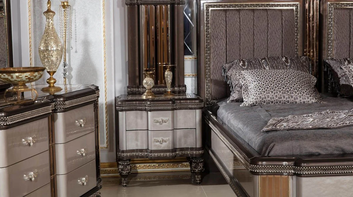 Luxury Baroque Bedroom Set Gray / Dark Brown / Gold - 1 Baroque Double Bed with Headboard & 2 Baroque Nightstands - Luxury Bedroom Furniture in Baroque Style - Baroque Interior