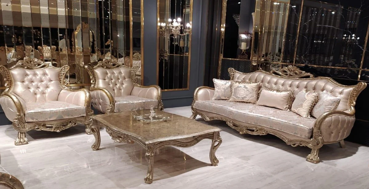 Luxus Barock Wohnzimmer Set Rosa / Silber / Antik Silber - 2 Barock Sofas mit Muster & 2 Barock Sessel mit Muster & 1 Barock Couchtisch - Barock Wohnzimmer Möbel
