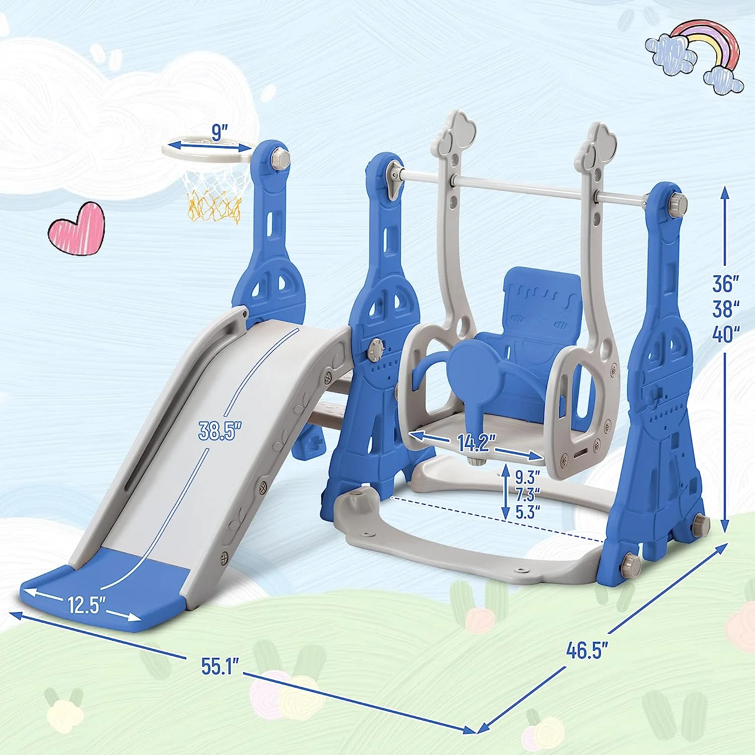 Merax 4-in-1-Rutsche für Kleinkinder, Indoor-Rutsche und Schaukel-Set für Kinder, freistehende Outdoor-Rutsche mit Basketballkorb (grüne Schaukelrutsche)