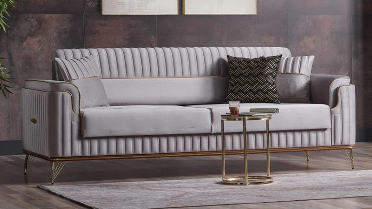 Luxury living room sofa with sleeping function gray / gold 225 cm - luxury furniture