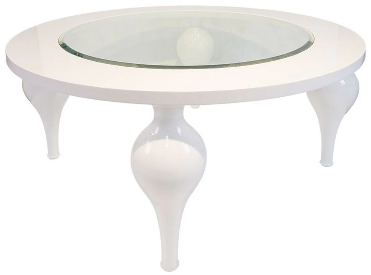 Neoclassical coffee table high gloss white Ø 110 x H. 40 cm - solid wood kitchen table with glass top - living room furniture in neoclassical style
